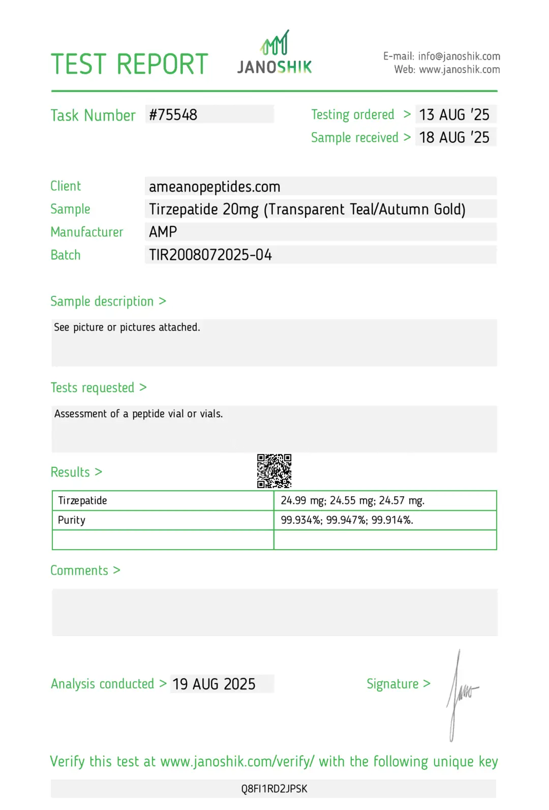 Tirz 20mg COA