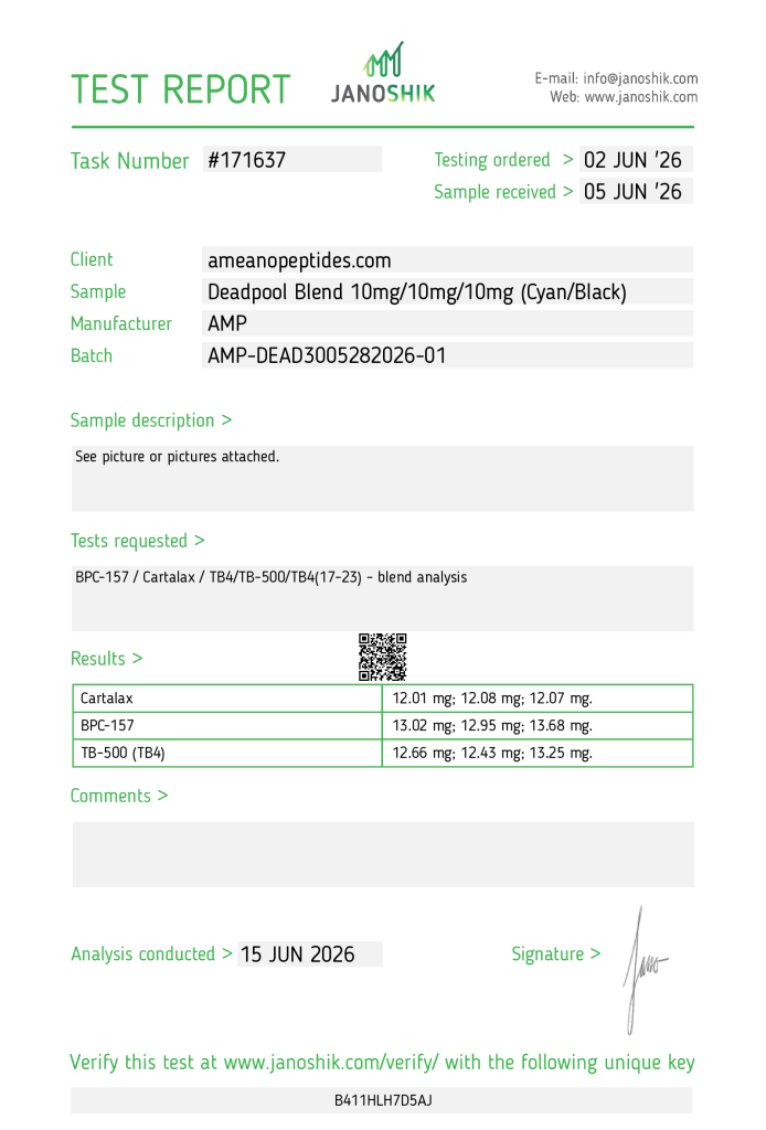 Deadpool Blend (BPC-157/TB4/Cartalax) – 10mg/10mg/10mg COA